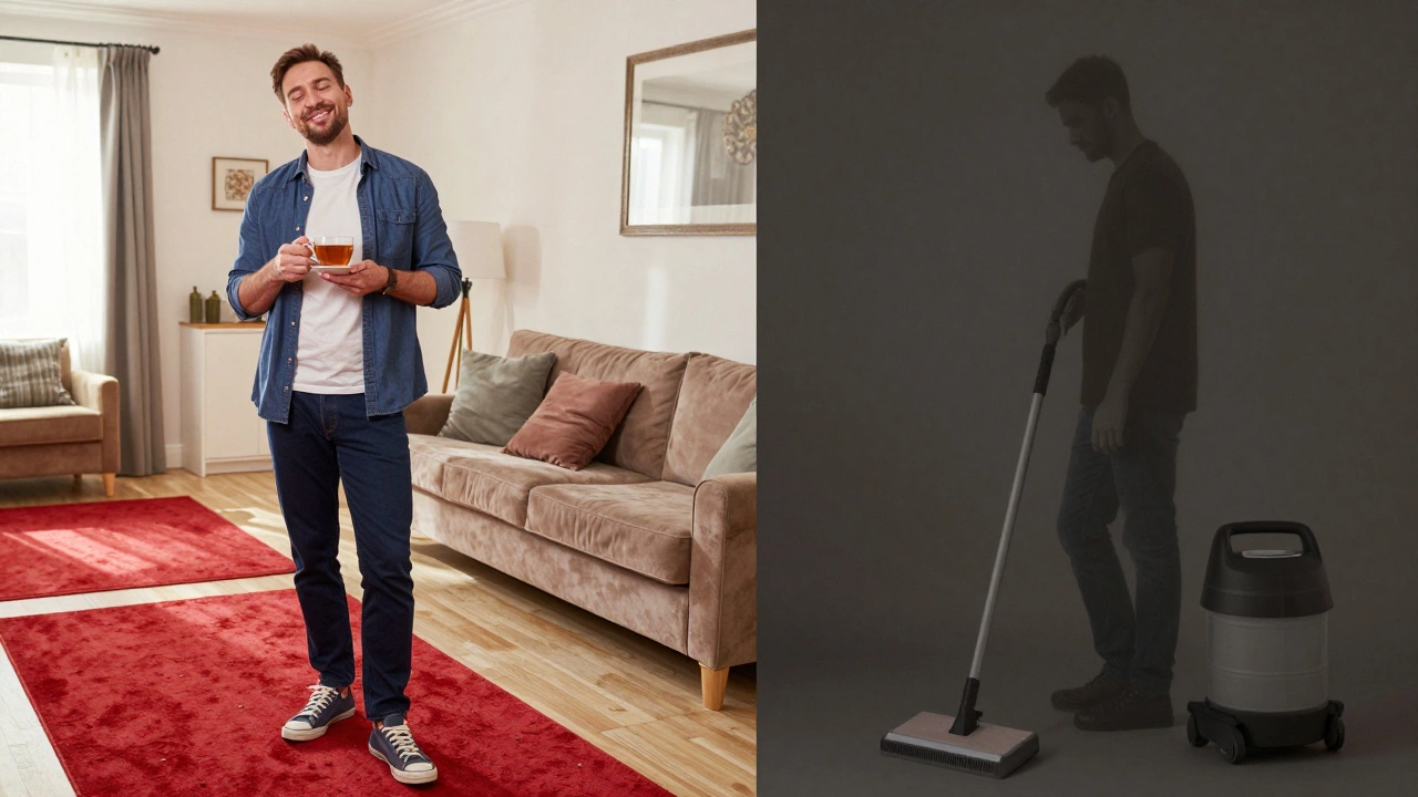 Homeowner enjoying clean carpets, contrasting premium service with budget options