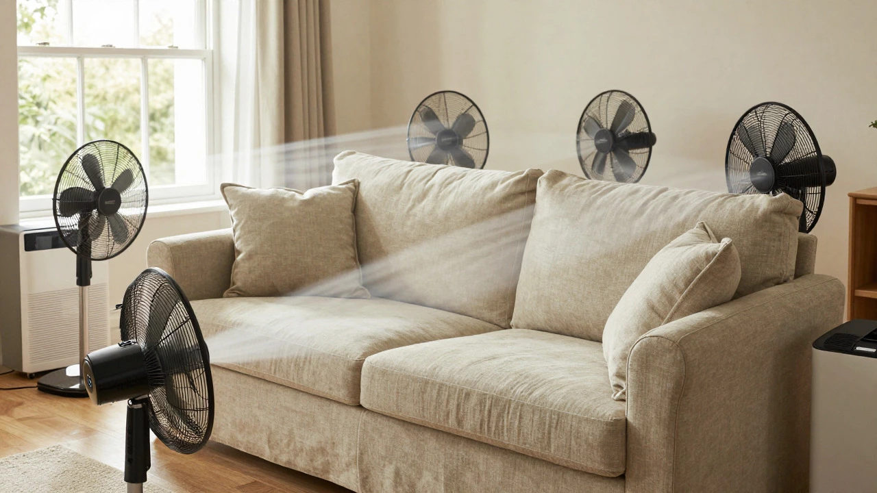 Living room with fans and dehumidifier drying a cleaned sofa