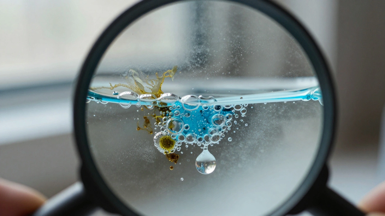 Macro shot of vinegar dissolving mineral deposits on glass surface