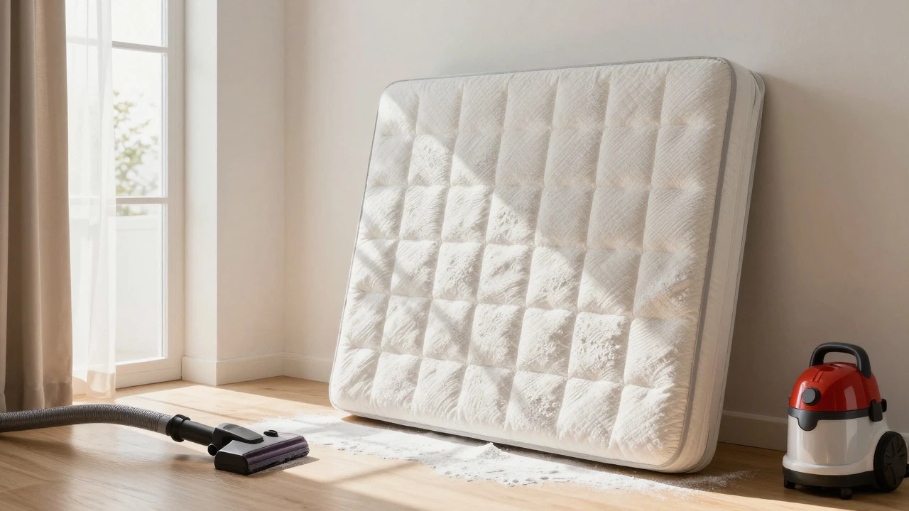 Mattress drying in sunlight with baking soda powder, vacuum nearby.