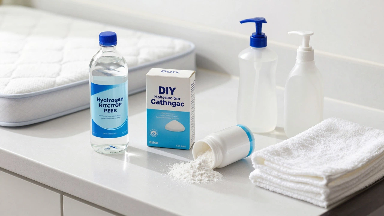 Natural cleaning supplies like baking soda and vinegar arranged on a counter.