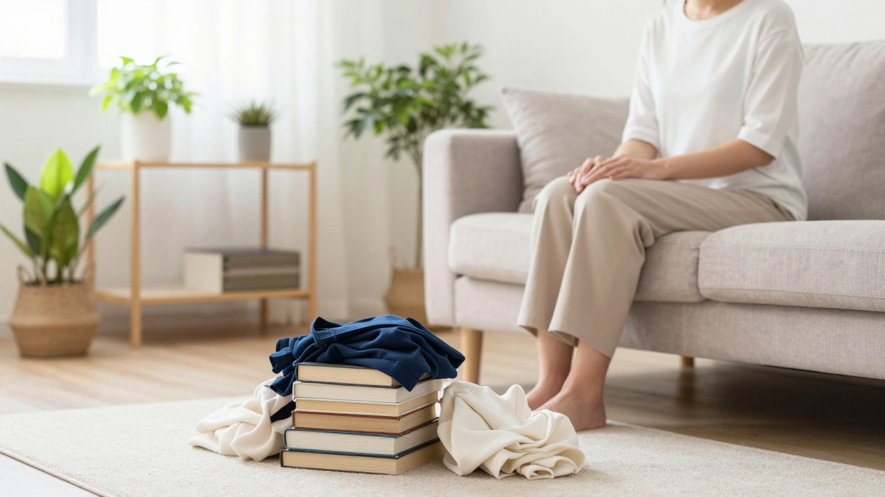 Person relaxing in a tidy, sunlit minimalist living room
