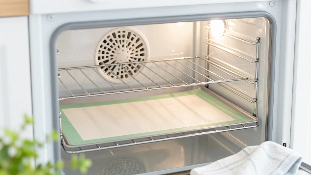 Sparkling clean oven interior with silicone mat, representing maintained hygiene.