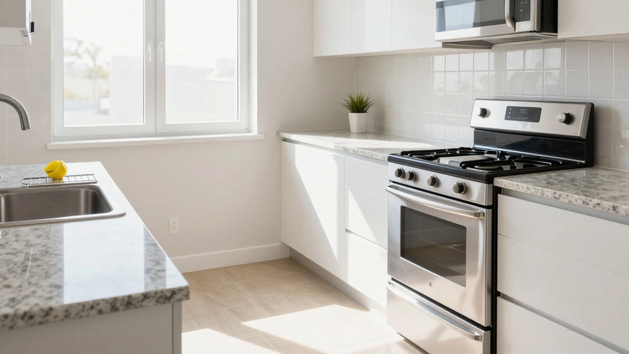 Spotless, sunlit kitchen with clean appliances and countertops