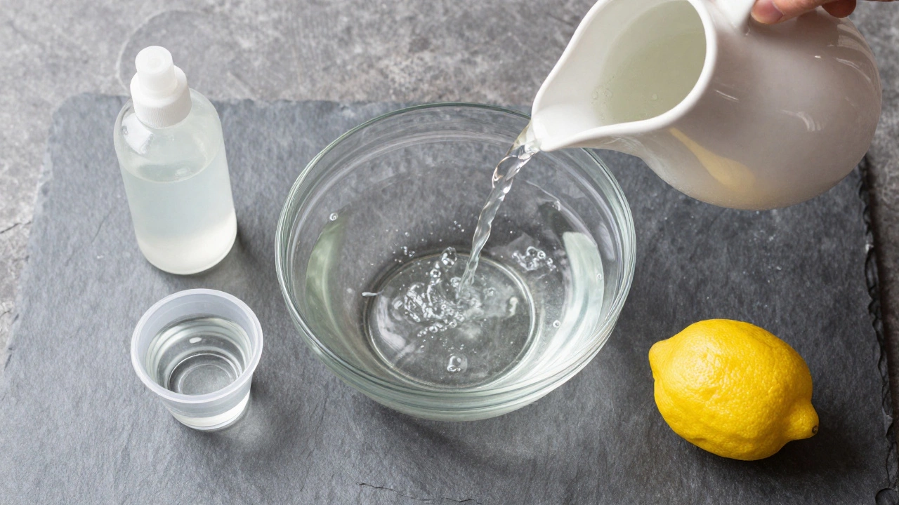 Top-down view of vinegar, soap, and alcohol ingredients for cleaning