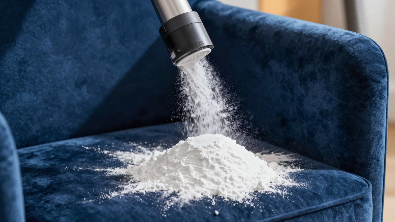 Baking soda sprinkled on a dark blue velvet armchair ready for vacuuming