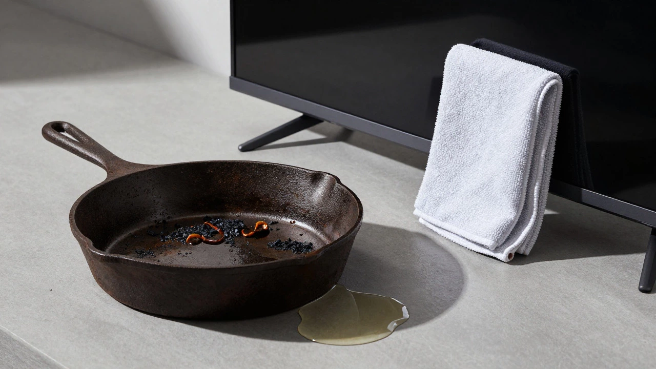 Cast iron skillet losing seasoning in vinegar next to TV screen