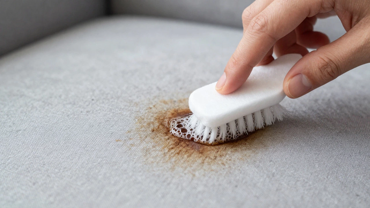 Close-up of a cotton swab applying foaming cleaner to a coffee stain on fabric