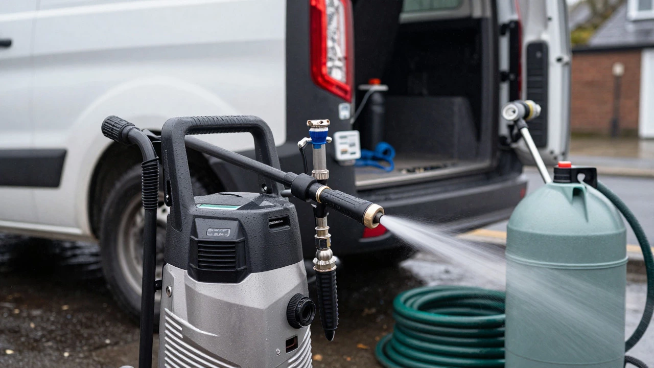 Commercial pressure washing equipment and van on a rainy UK street