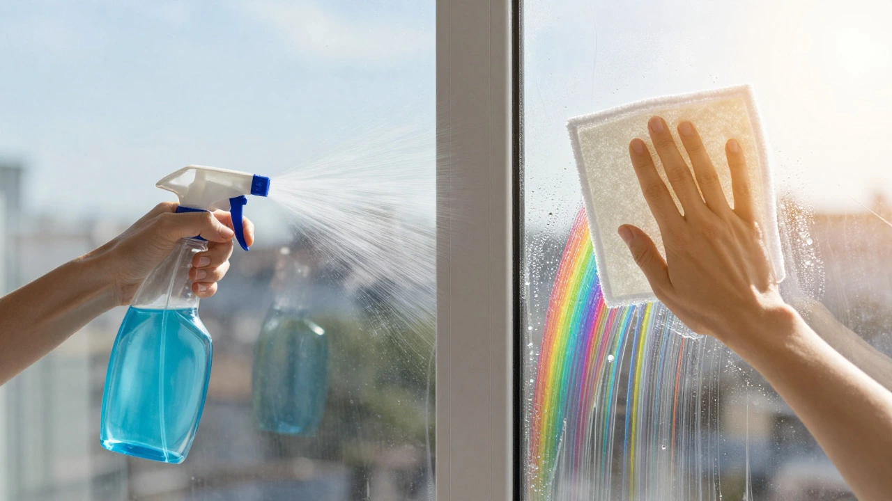 Comparison of cleaning windows in shade versus direct sunlight causing streaks