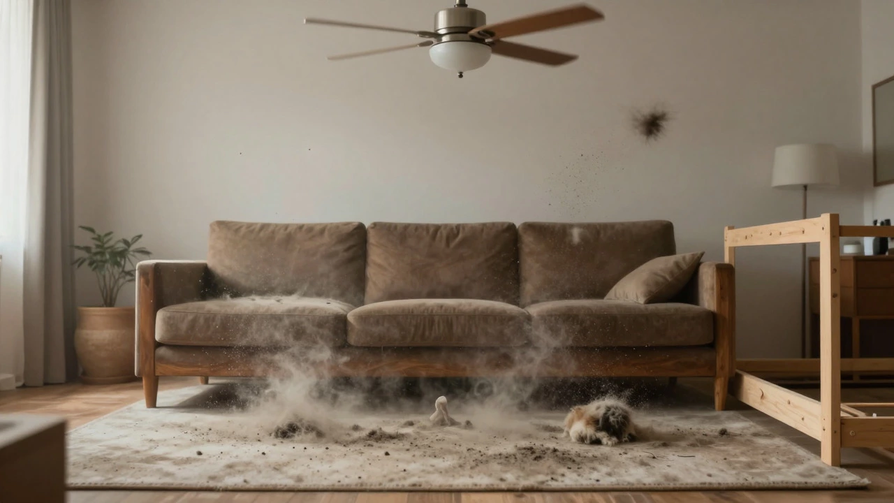 Conceptual art revealing hidden dust and pet hair under furniture in a living room