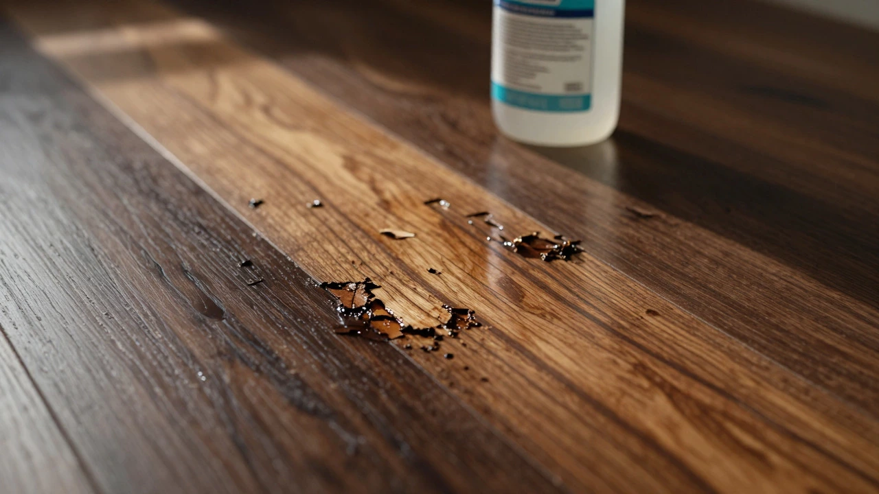 Damaged hardwood floor with stripped finish near spray bottle