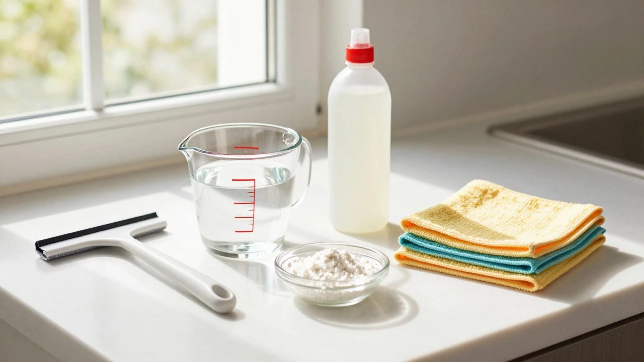 DIY window cleaning ingredients including vinegar and squeegee on counter