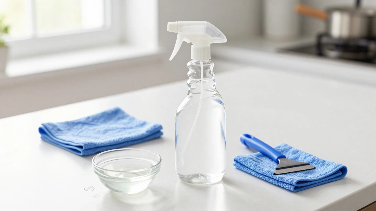 DIY window cleaning supplies including spray bottle, microfiber cloth, and squeegee