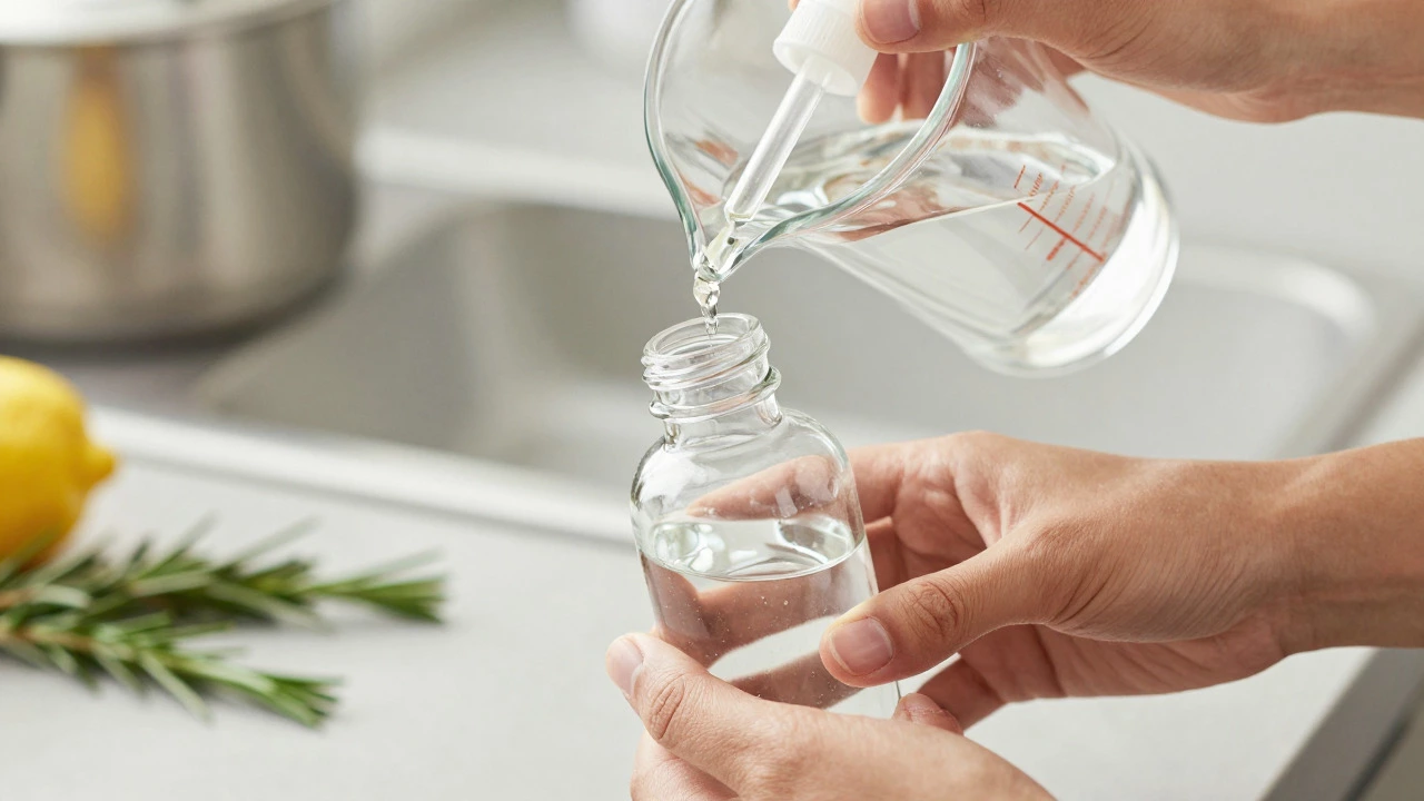 Hands pouring vinegar into a glass spray bottle to make a homemade cleaner