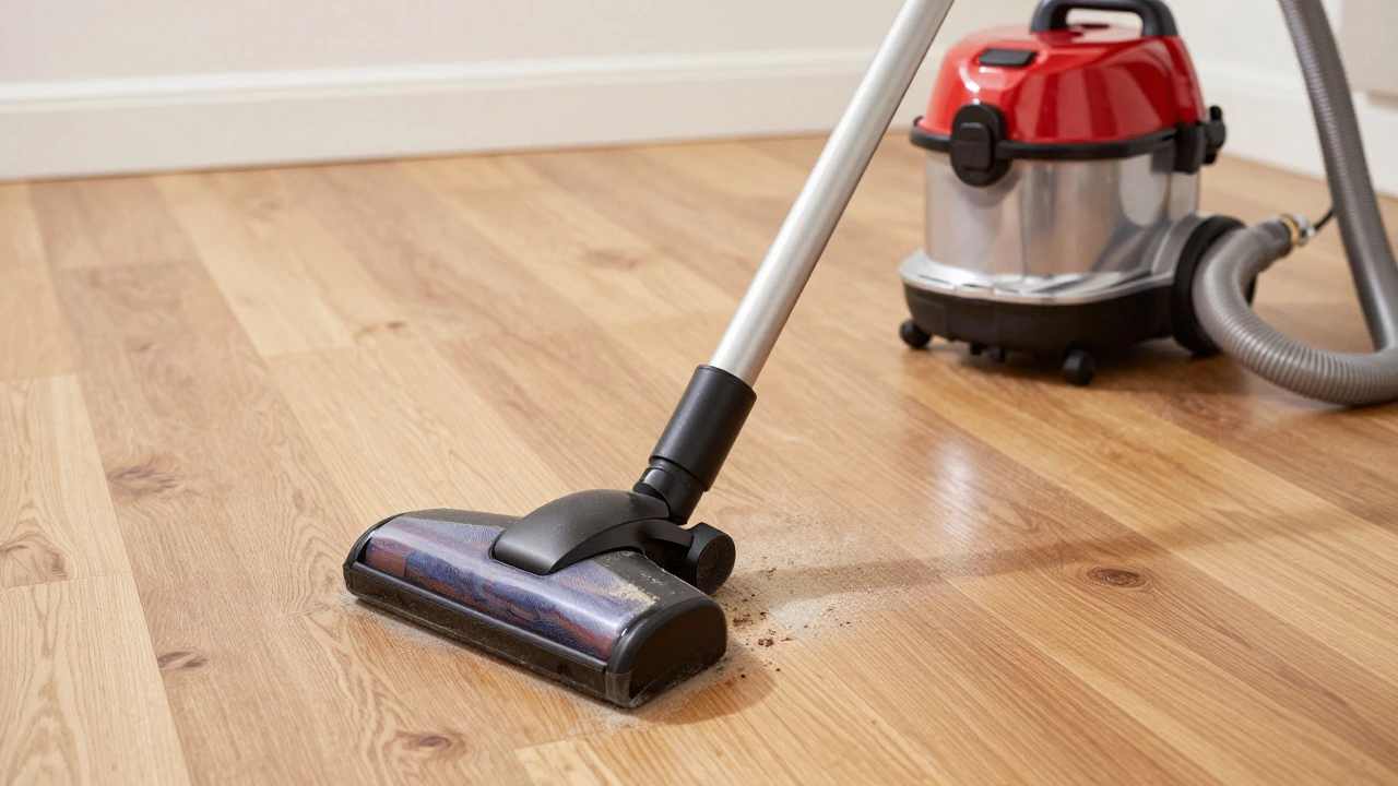 HEPA vacuum cleaner removing dust from hardwood floor