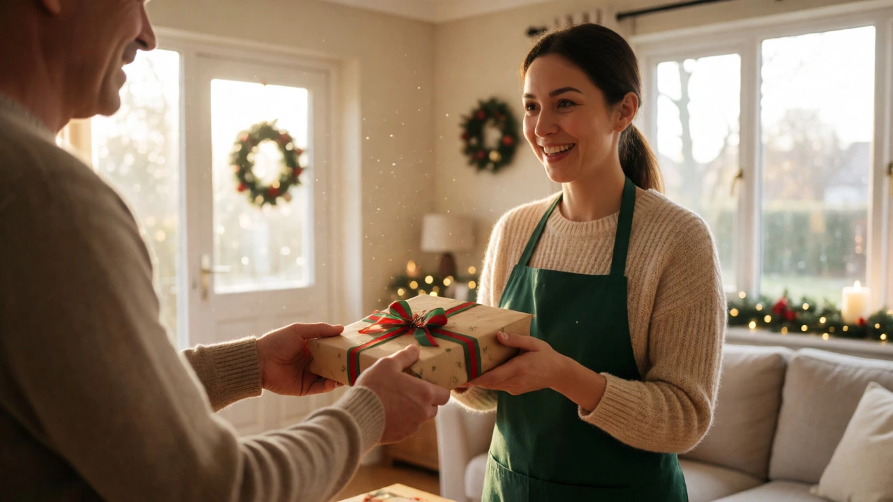 Homeowner giving a holiday tip envelope to a smiling house cleaner in a decorated living room