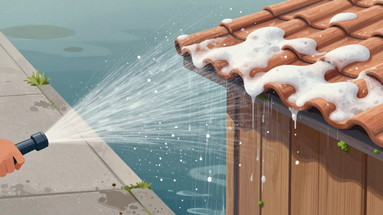 Illustration comparing high-pressure concrete cleaning and soft roof washing