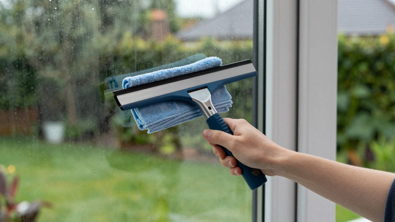 Person using squeegee technique on exterior window with garden background