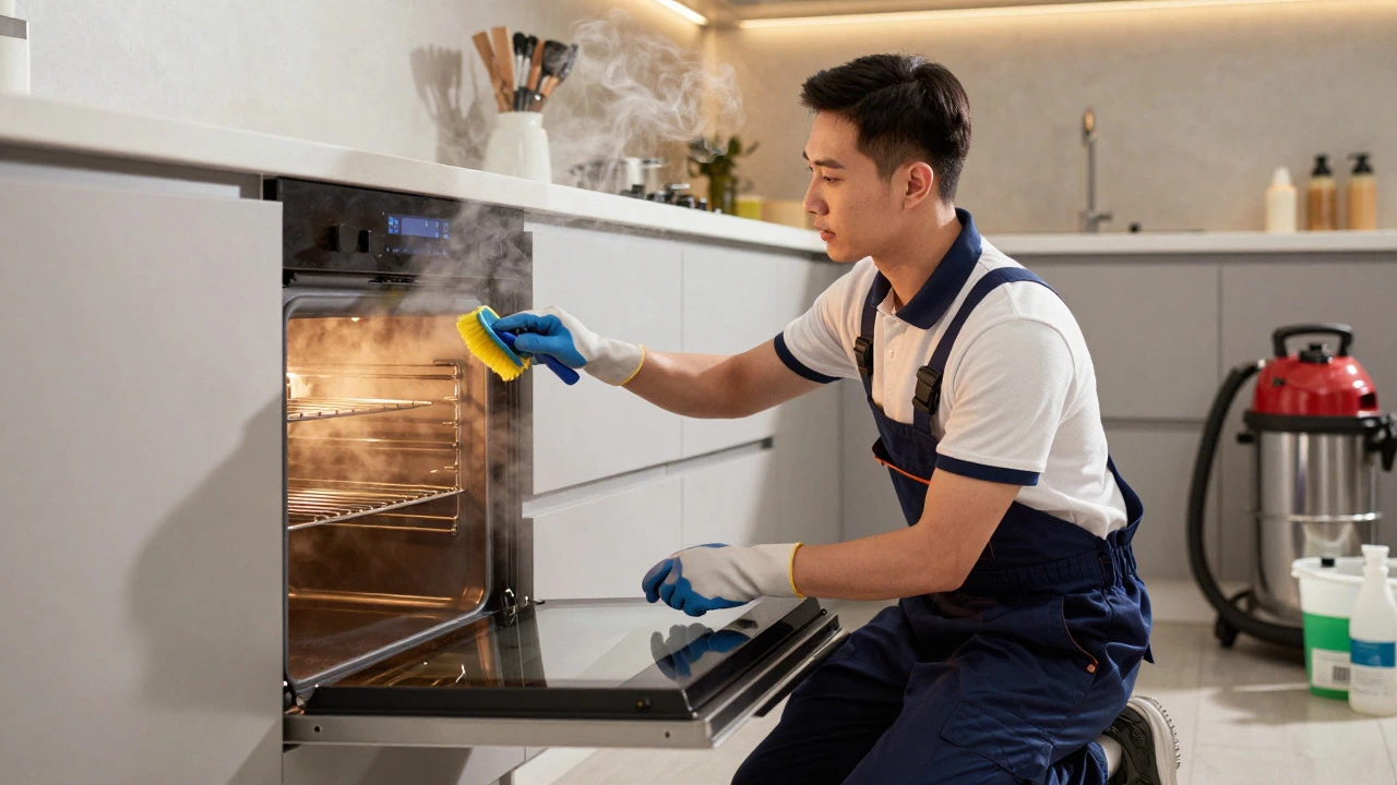 Professional cleaner scrubbing the inside of an oven with a brush and steam rising