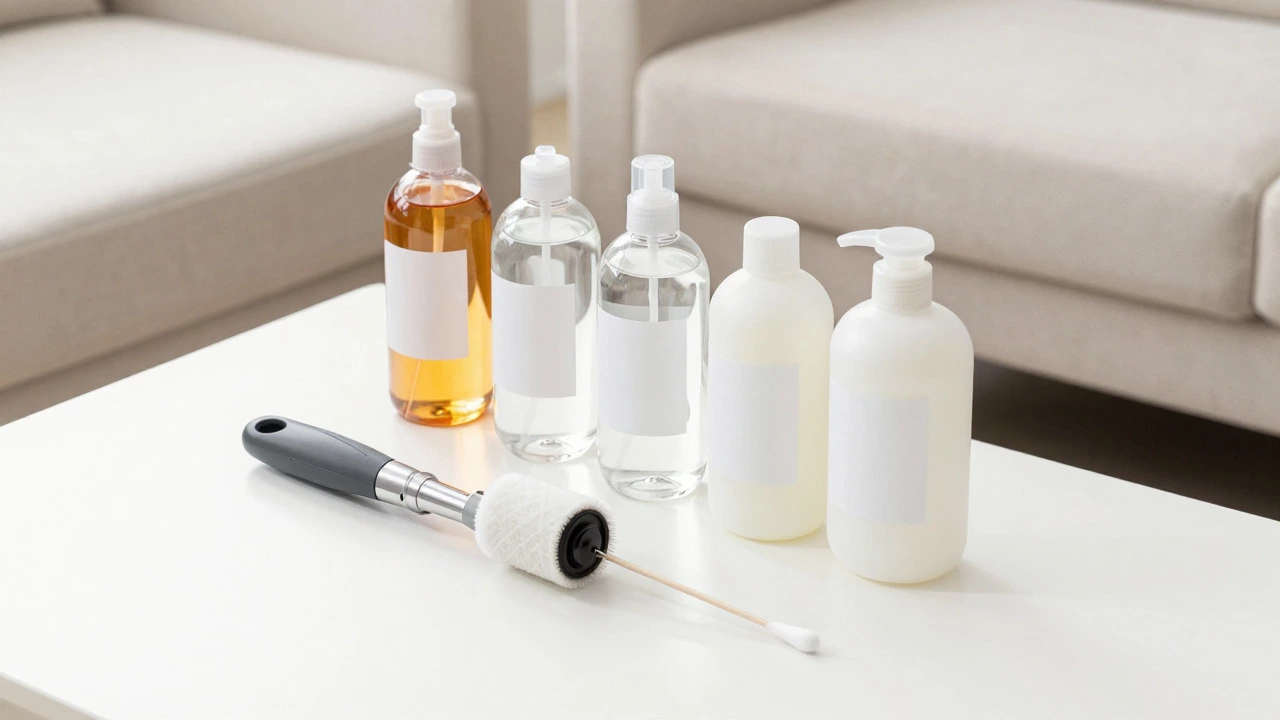 Professional cleaning chemicals and tools arranged on a table