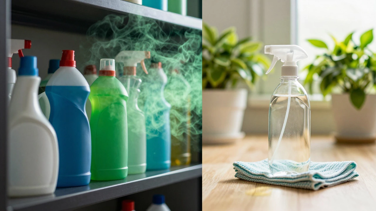 Split image comparing cluttered chemical bottles with a clean, plant-filled eco-friendly setup