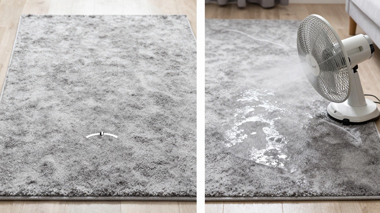 Split view comparing a dry carpet versus a damp carpet being ventilated