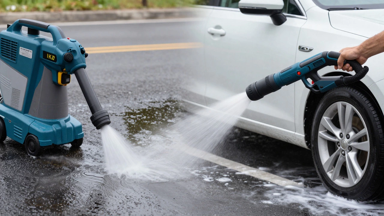 Split view of heavy-duty asphalt cleaning and car detailing