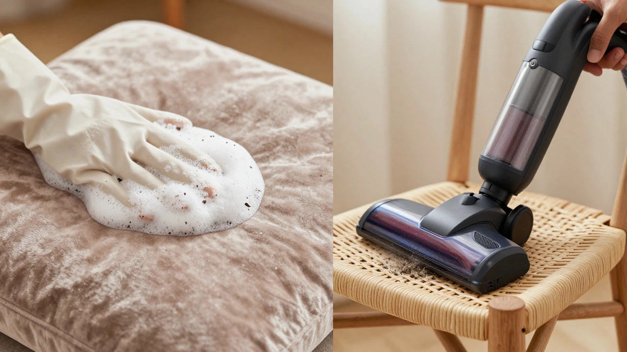 Split view showing dry foam cleaning on velvet and vacuuming cotton