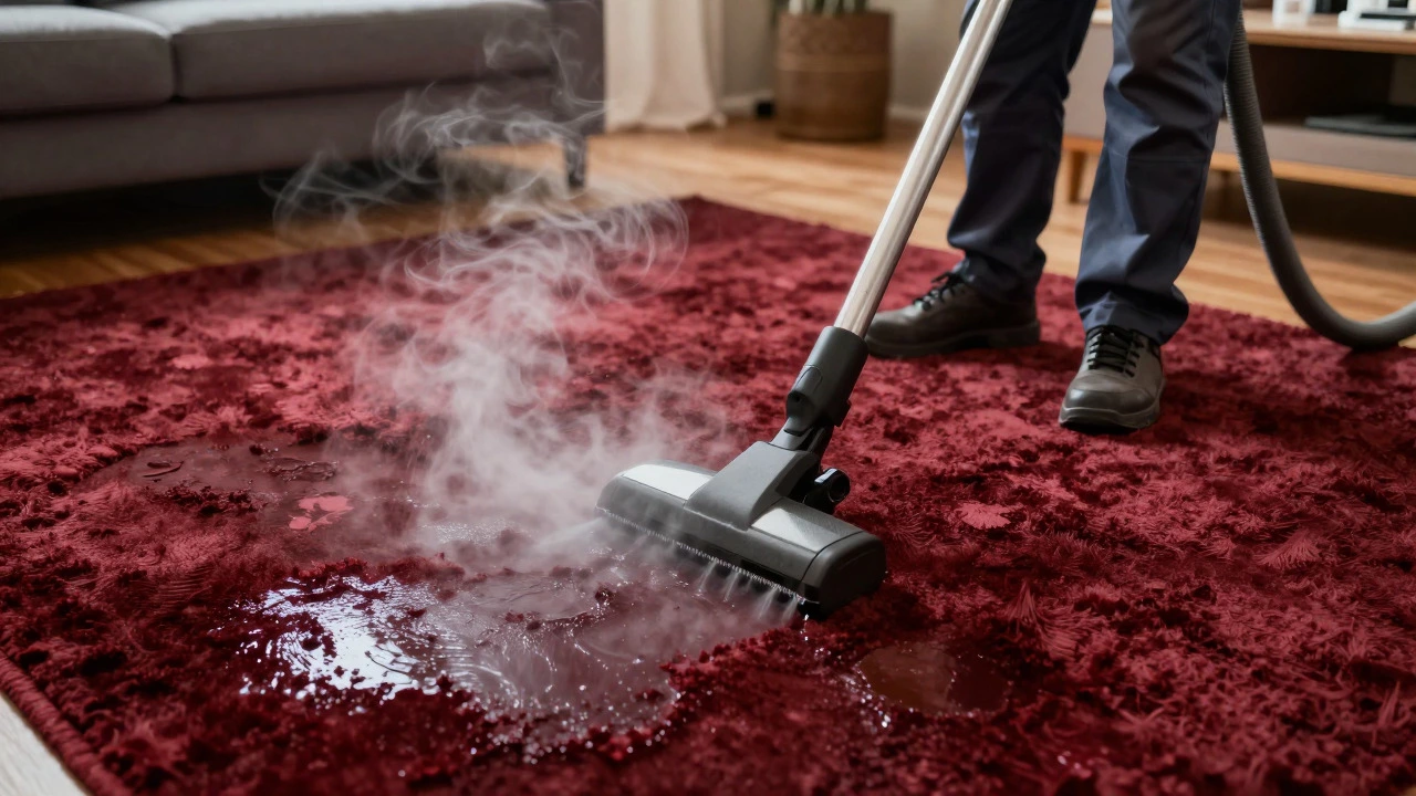 Steam cleaner wand releasing vapor onto a wet red rug during deep cleaning