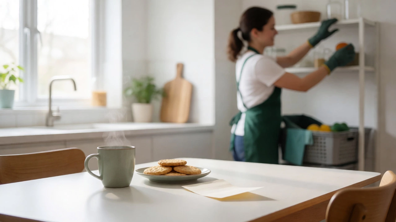 Tea and biscuits left on a table as a gesture of appreciation for a house cleaner