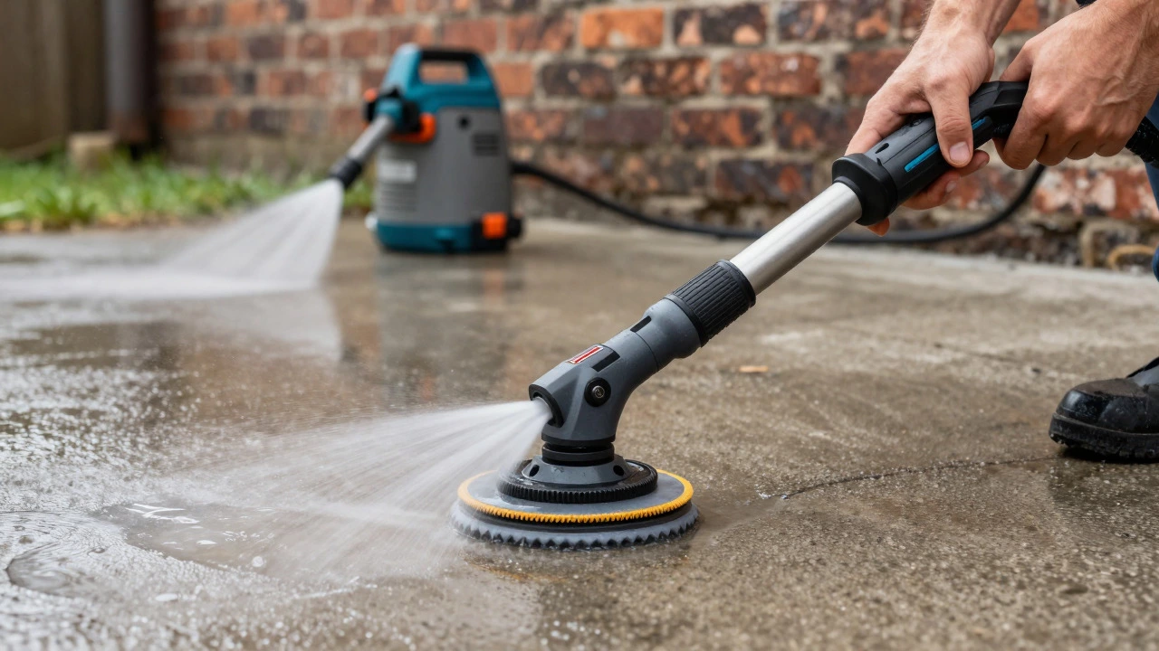 Technician using a surface cleaner attachment on concrete