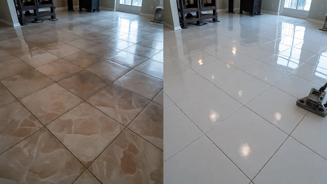 Before and after comparison of cleaned and sealed tile floors