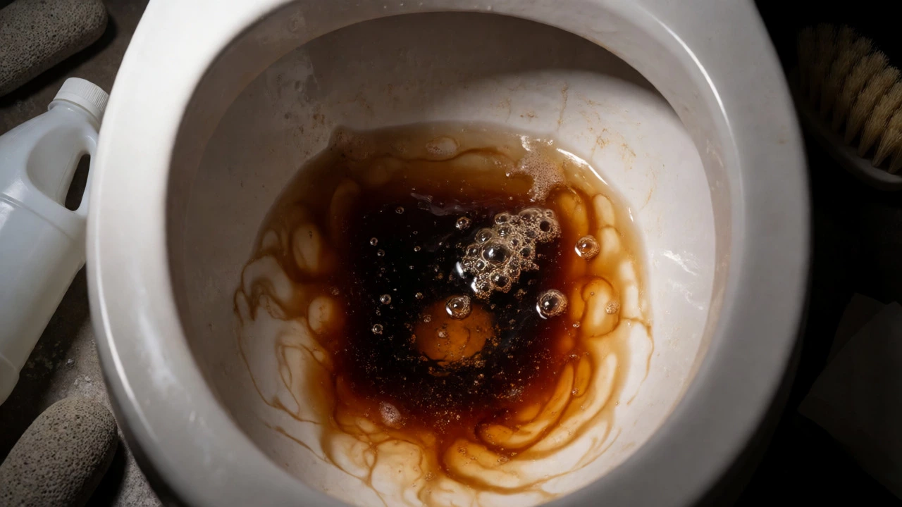 Close-up of cola bubbling and reacting with limescale inside a toilet