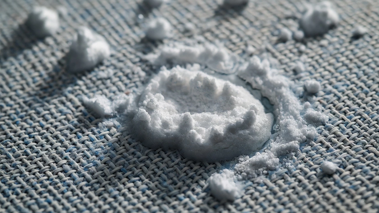 Clumpy, damp baking soda crusts adhering to mattress fabric fibers