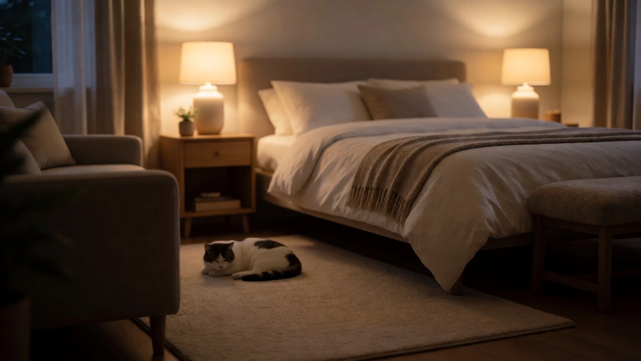 Cozy, tidy bedroom with fresh linens and a sleeping cat in warm evening light