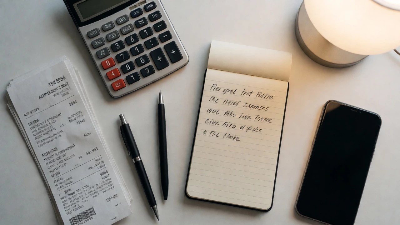 Desk with calculator, receipts, and notebook for tracking cleaning expenses