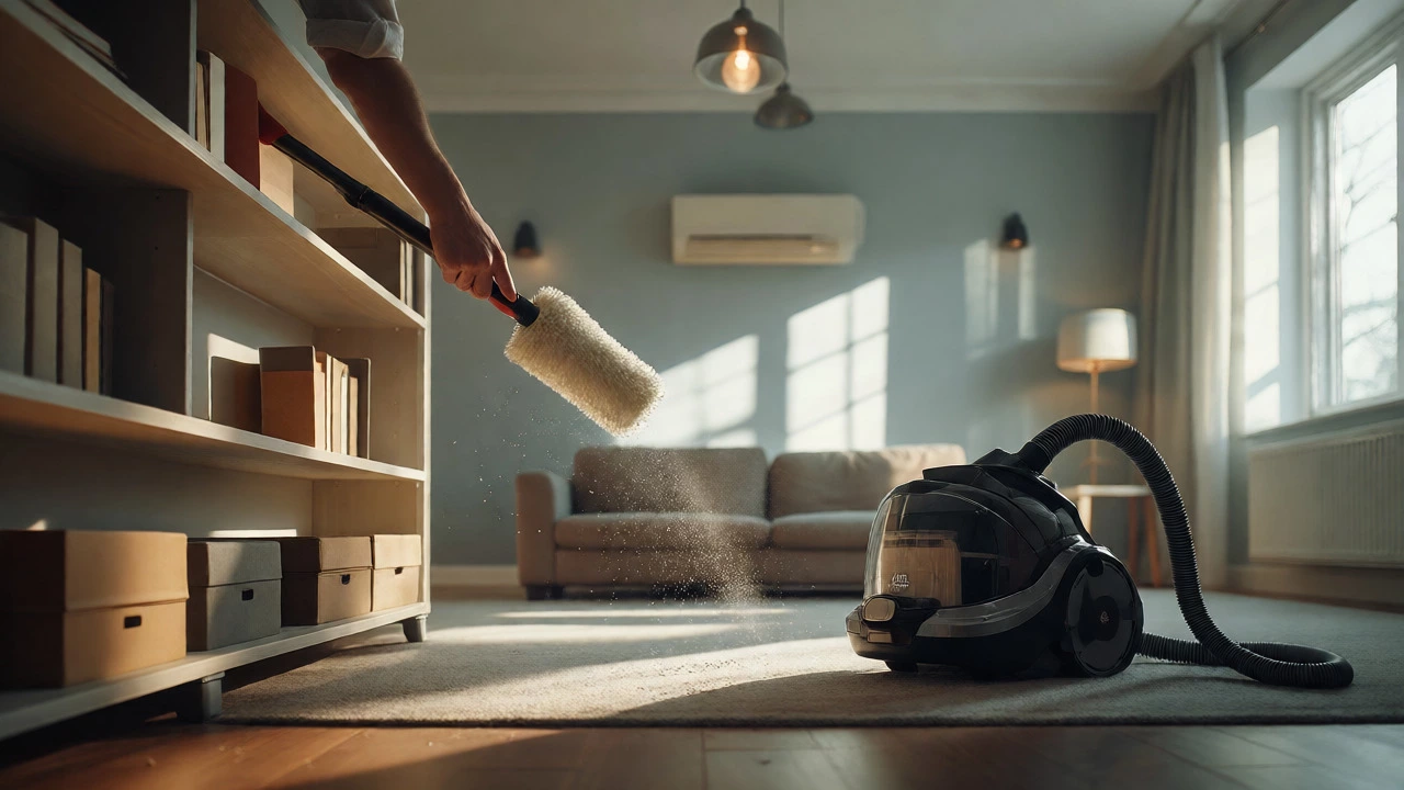 Dusting high shelves while debris falls toward the floor
