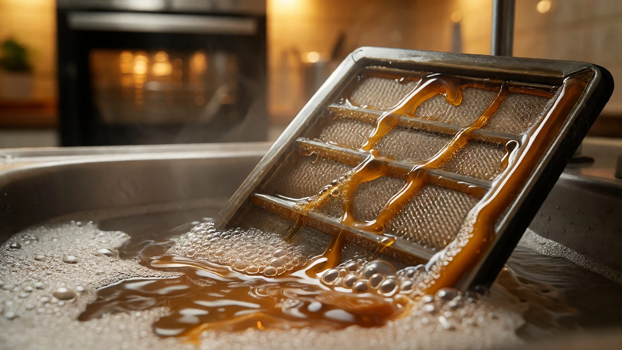 Grease-laden extractor fan filter soaking in hot soapy water