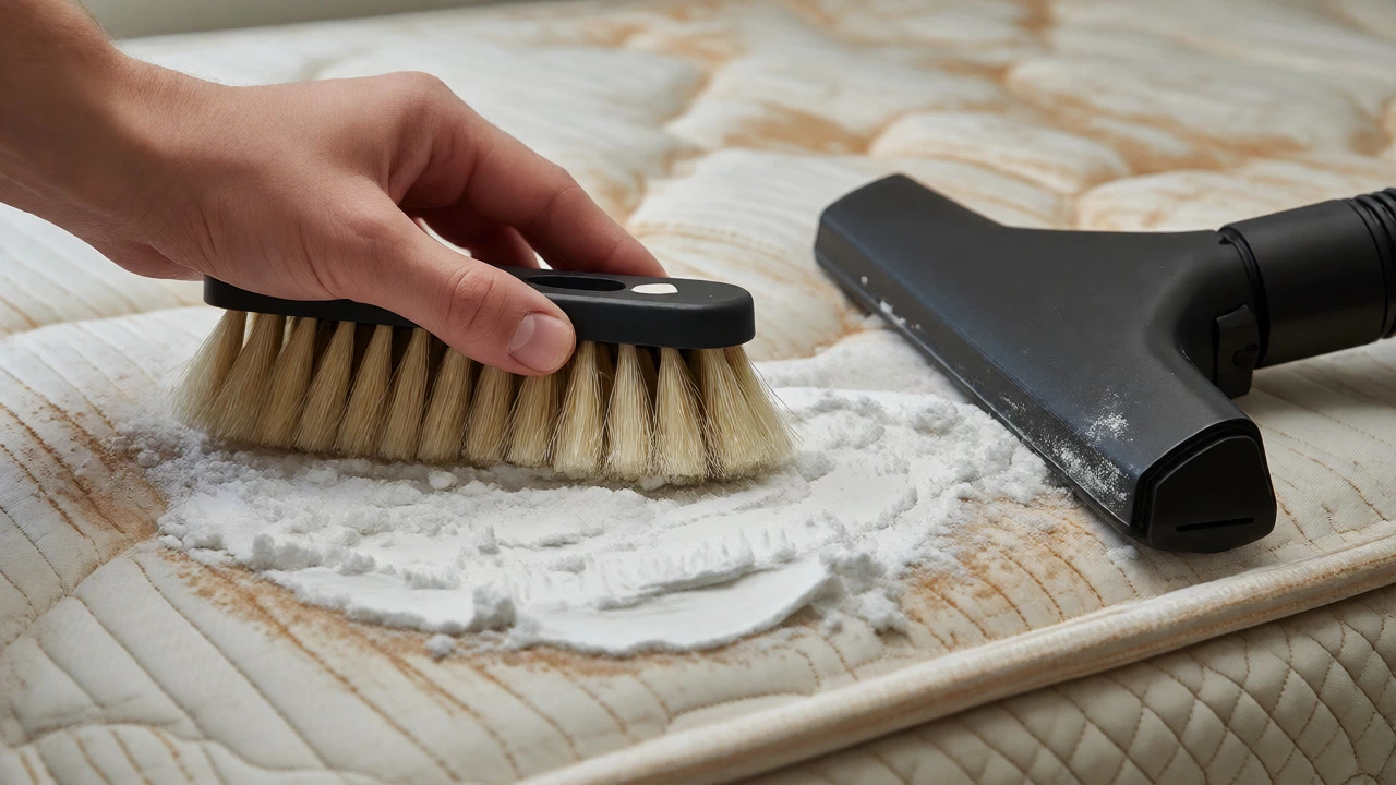 Hand using a brush to loosen dried baking soda residue from a mattress