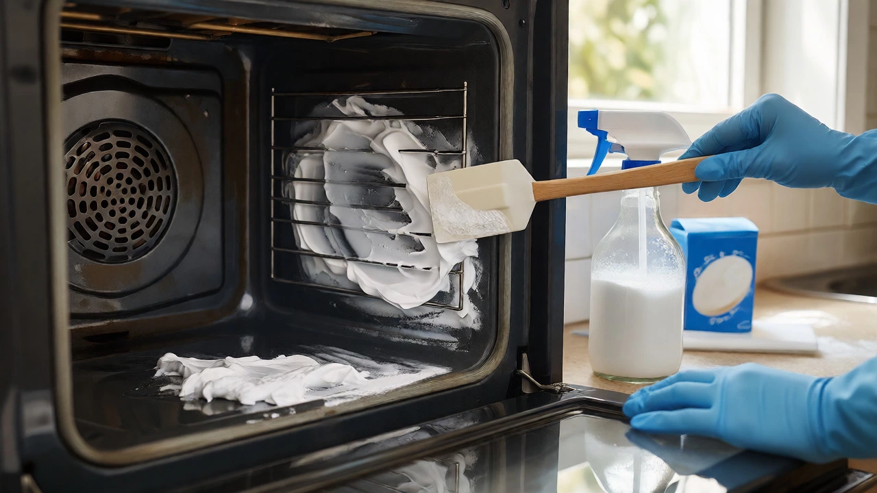 Hands applying white baking soda paste to oven walls with a spatula