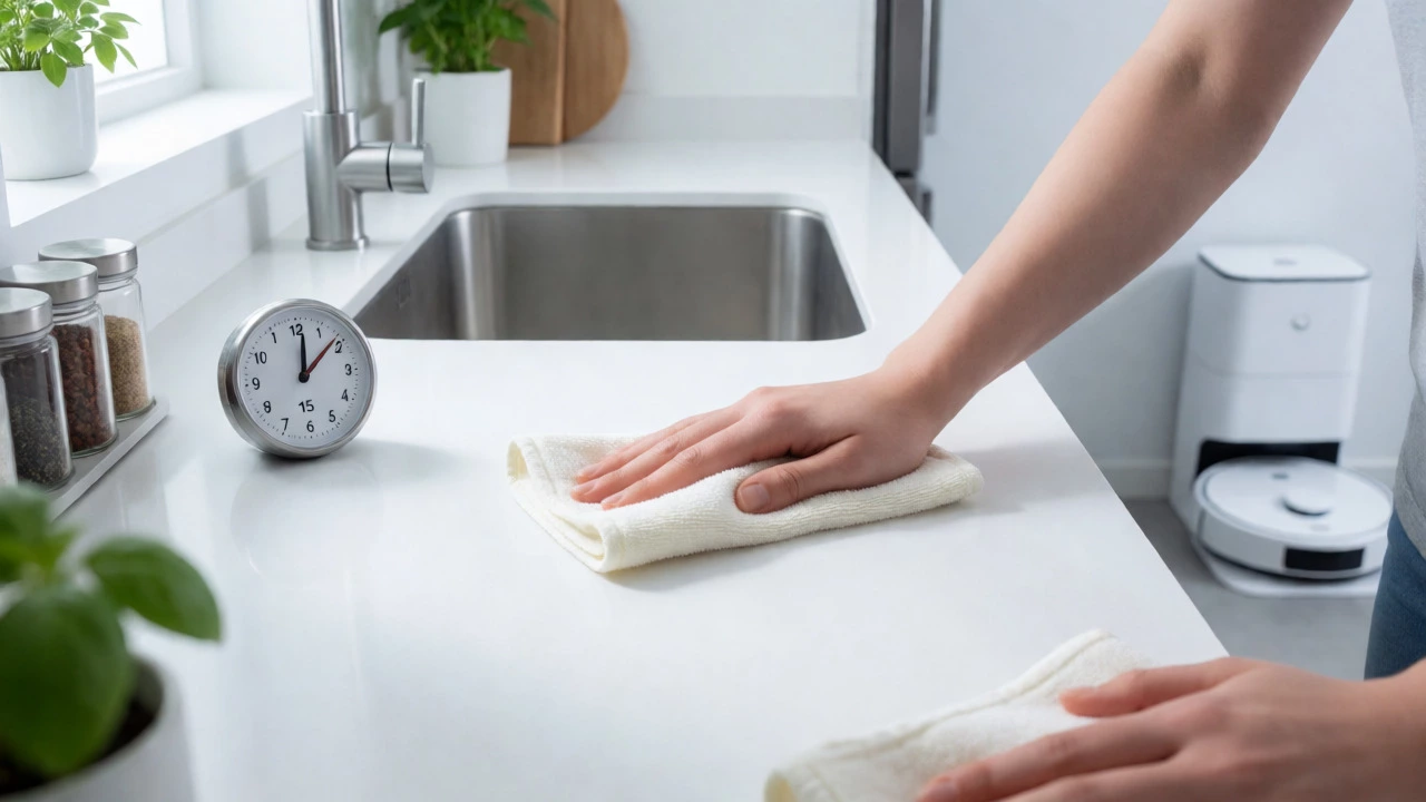 Hands cleaning a sparkling kitchen counter with a timer and robot vacuum nearby