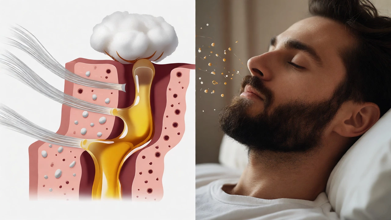 Illustration of sebum and grooming products transferring from skin and beard to pillow.