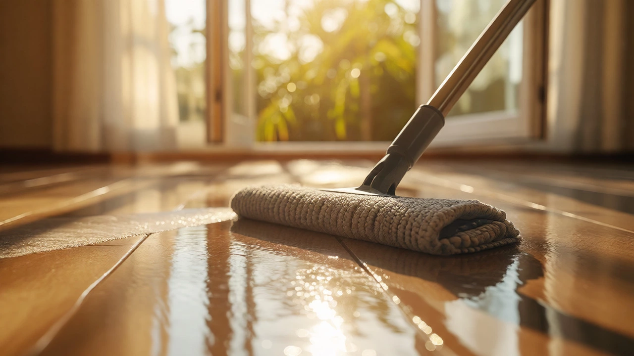 Mopping a shiny hardwood floor with open windows