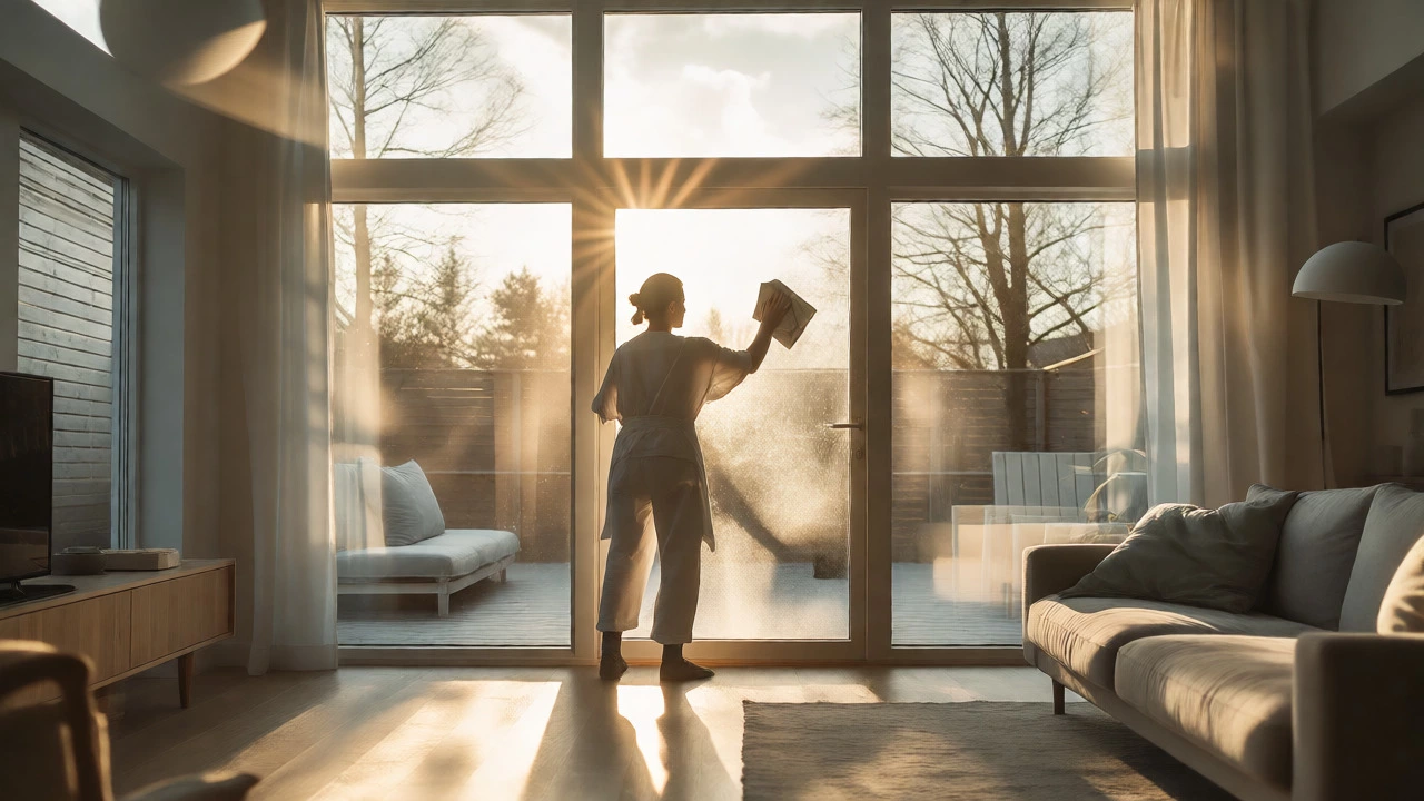 Person cleaning a large window, letting bright sunlight flood a minimalist room.