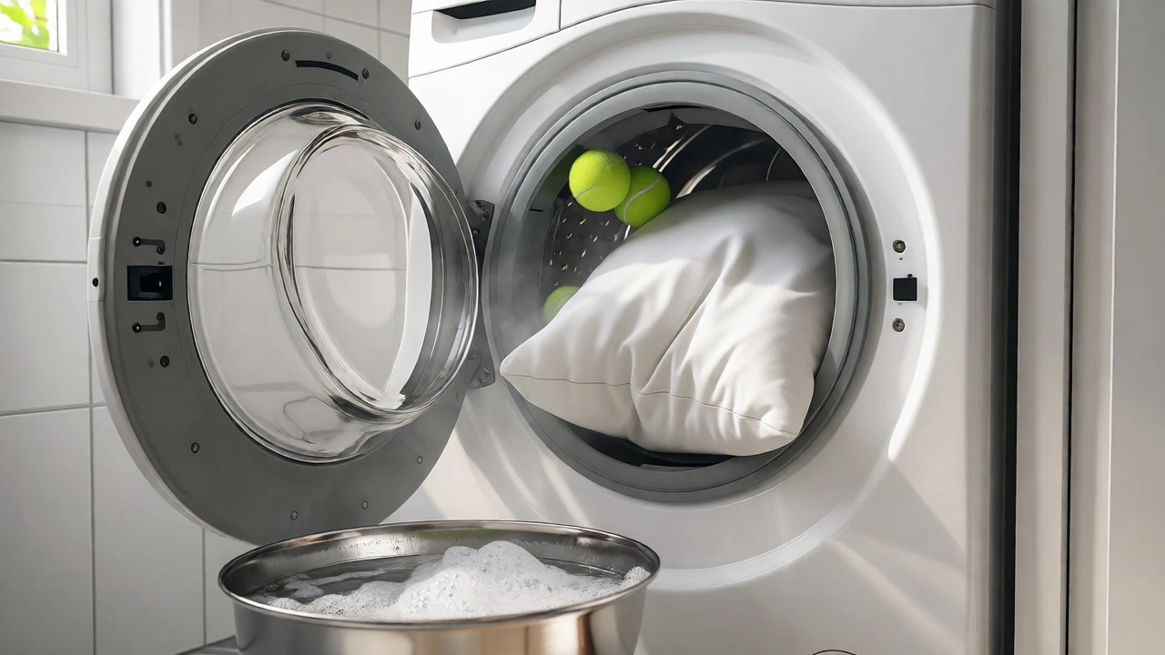 Pillows being washed in a machine with tennis balls to restore fluffiness and whiteness.