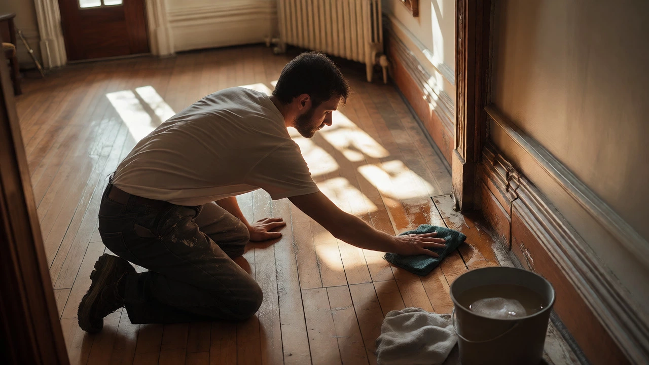 Professional cleaner kneeling to wipe Victorian moldings with microfiber cloth