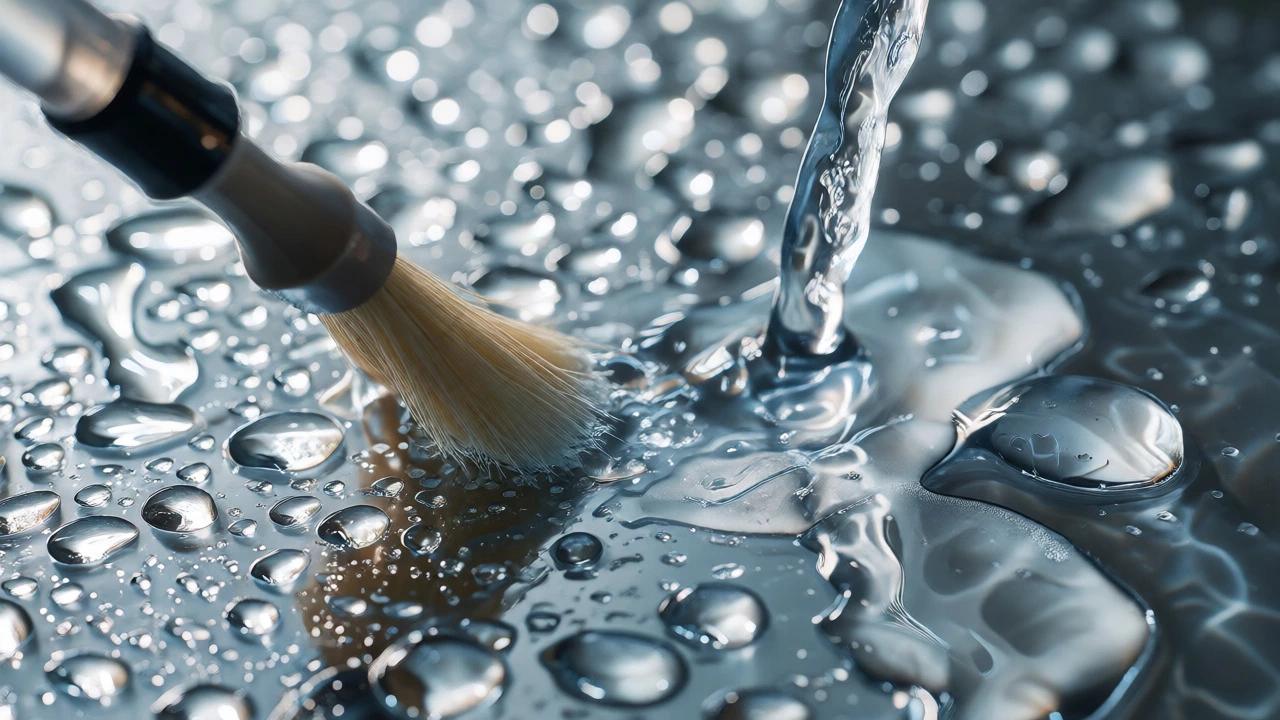 Pure water rinsing dirt off a window pane, demonstrating streak-free air drying.