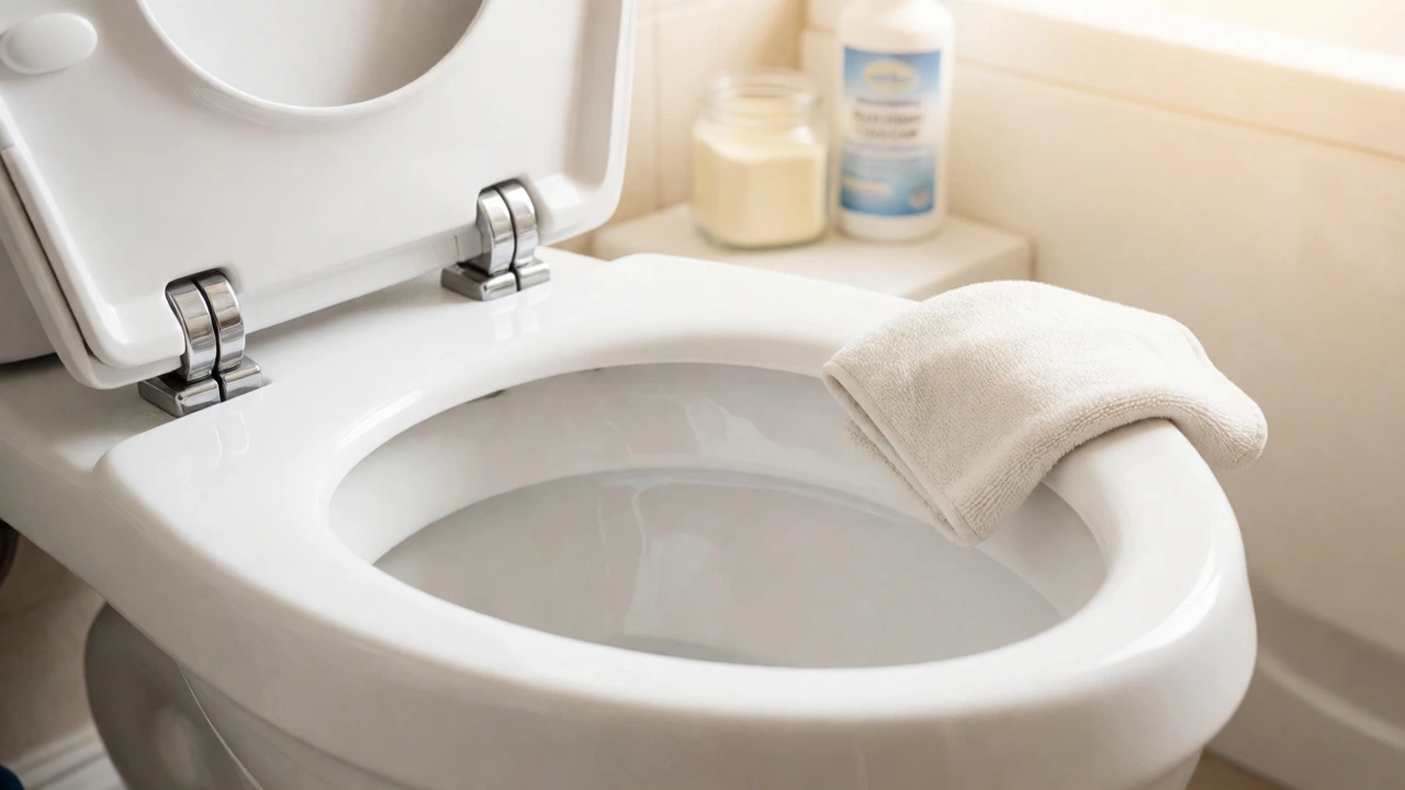 Sparkling clean white toilet bowl ready for tenancy inspection