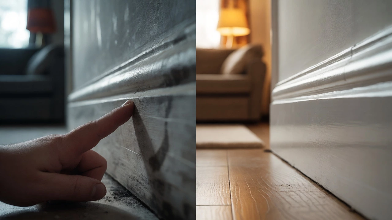 Split view comparing dirty versus clean baseboards during tenancy inspection